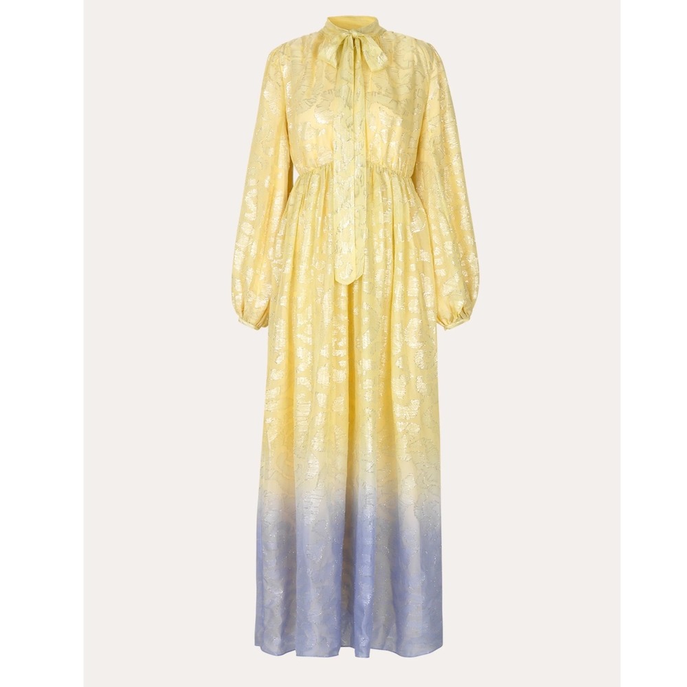 Stine Goya Avery Dress Sz XS Yellow Blue Ombre Metallic Chiffon Maxi Gown Formal